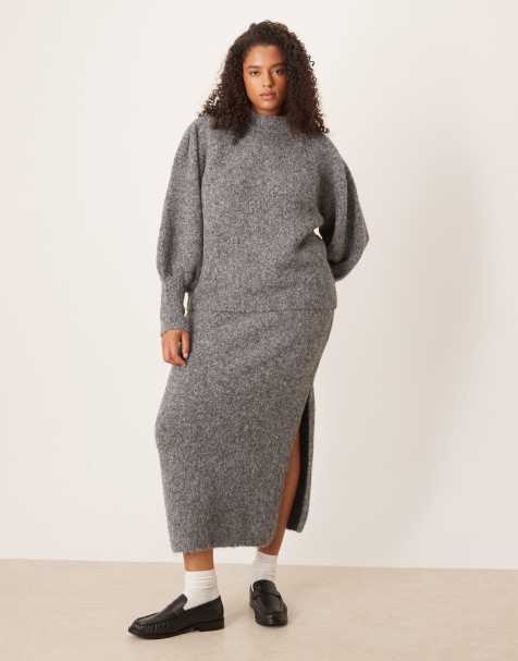 ASOS DESIGN Curve high neck fluffy jumper & maxi skirt co-ord in grey - view 1