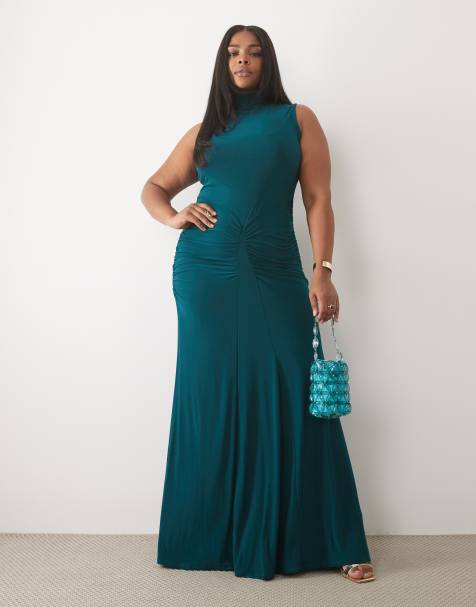 ASOS DESIGN Curve high neck godet detail column maxi dress in petrol - view 1