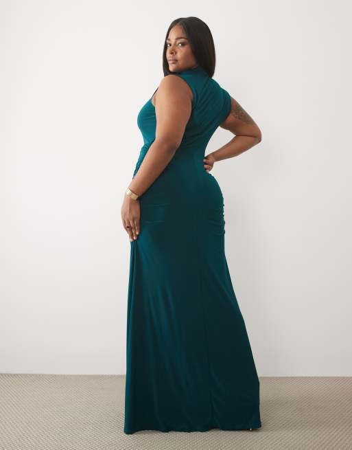 ASOS DESIGN Curve high neck godet detail column maxi dress in petrol
