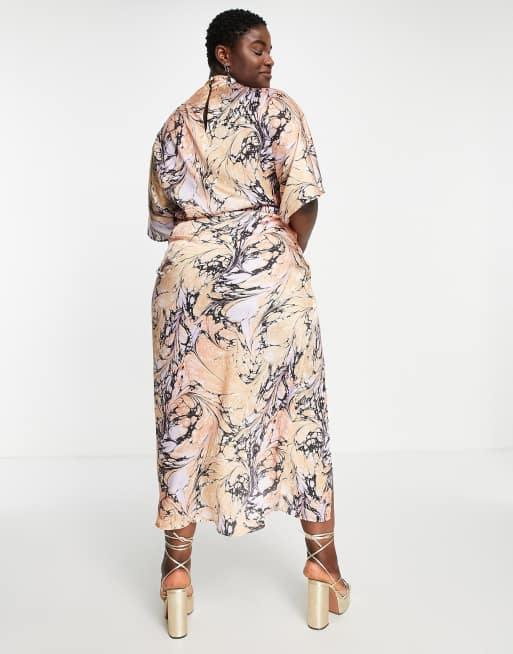 ASOS DESIGN Curve high neck grown on sleeve bias satin midi dress in marble  print