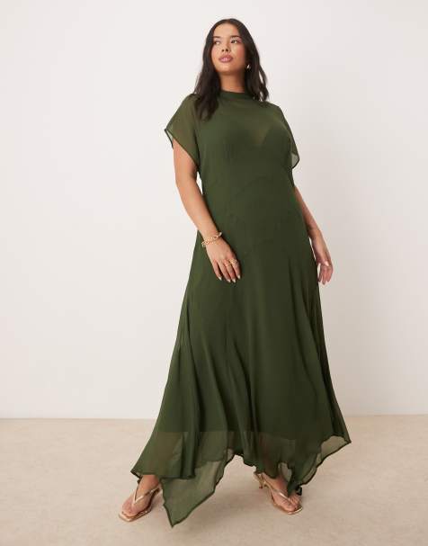 ASOS DESIGN Curve high neck hanky hem chiffon maxi dress in dark moss - view 1
