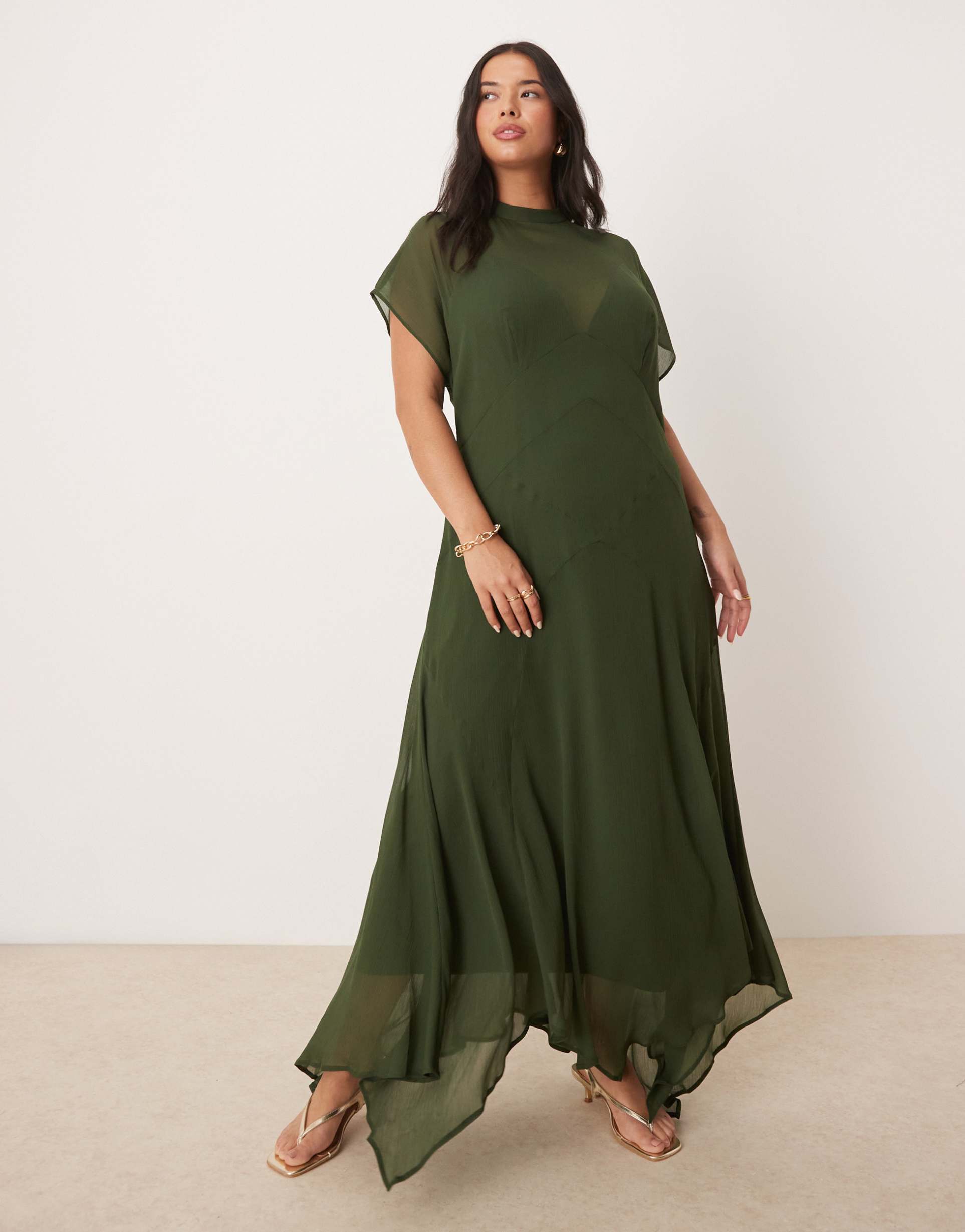asos design curve high neck hanky hem chiffon maxi dress in dark moss