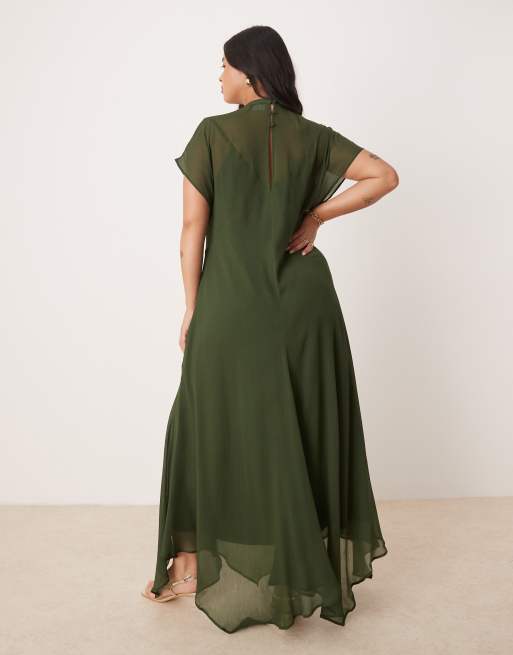 ASOS DESIGN Curve high neck hanky hem chiffon maxi dress in dark moss
