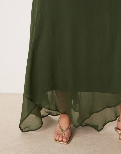 ASOS DESIGN Curve high neck hanky hem chiffon maxi dress in dark moss