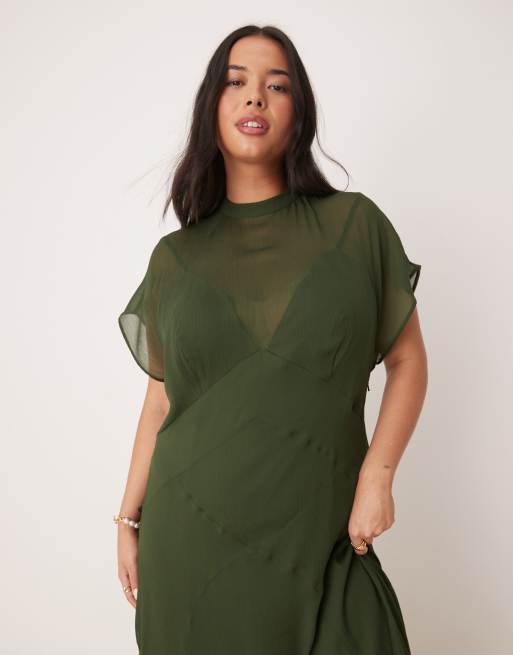 ASOS DESIGN Curve high neck hanky hem chiffon maxi dress in dark moss