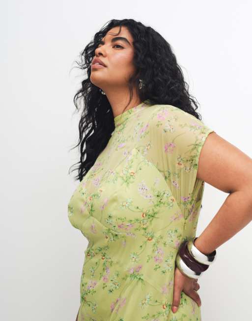ASOS DESIGN Curve high neck hanky hem chiffon maxi dress in lime floral, 2 of 8