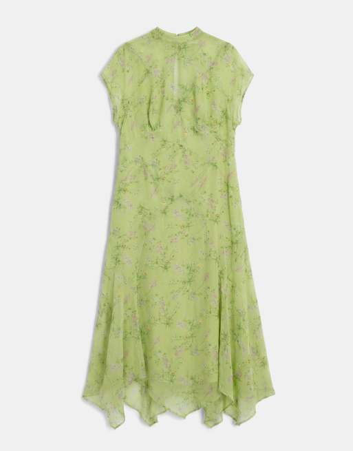 ASOS DESIGN Curve high neck hanky hem chiffon maxi dress in lime floral, 5 of 8