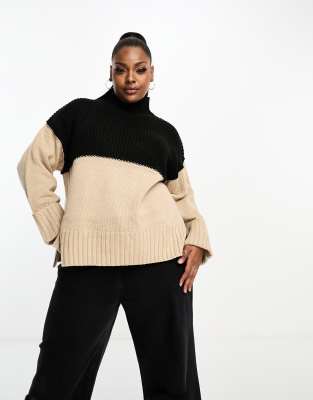 ASOS DESIGN Curve high neck jumper in colour block in black and camel