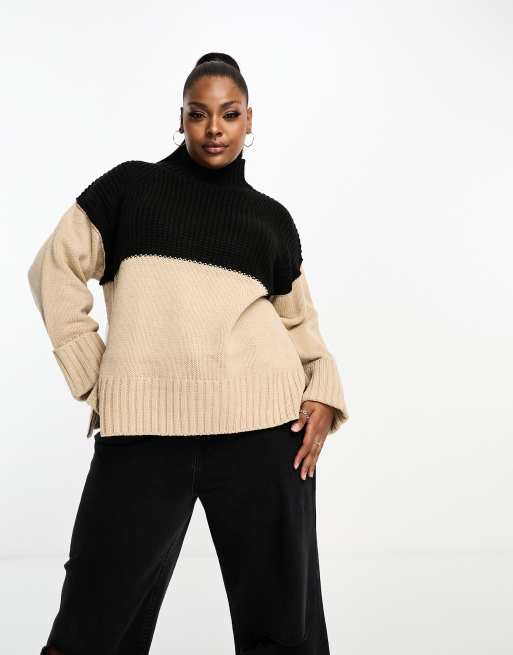 ASOS DESIGN Curve high neck jumper in colour block in black and