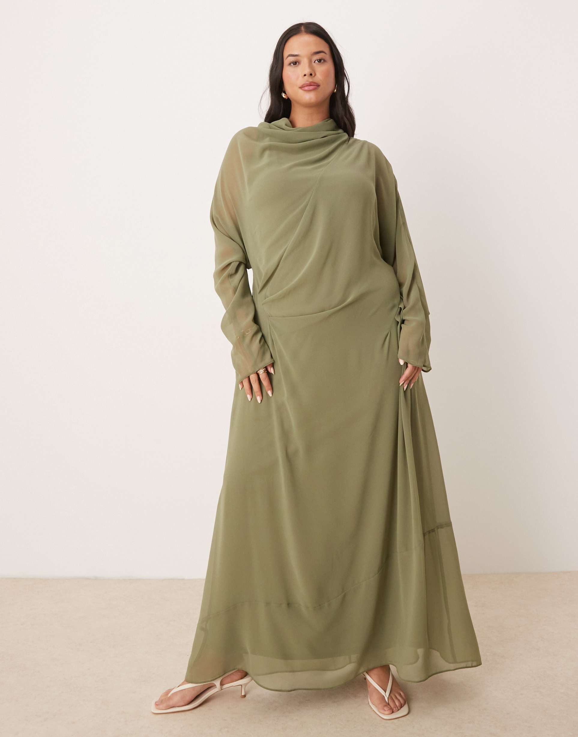 asos design curve high neck maxi dress in khaki green