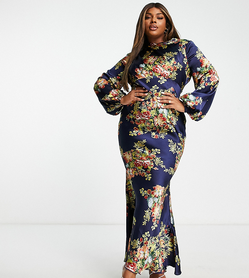 ASOS DESIGN Curve high neck maxi dress with flared cuff in navy floral print-Multi