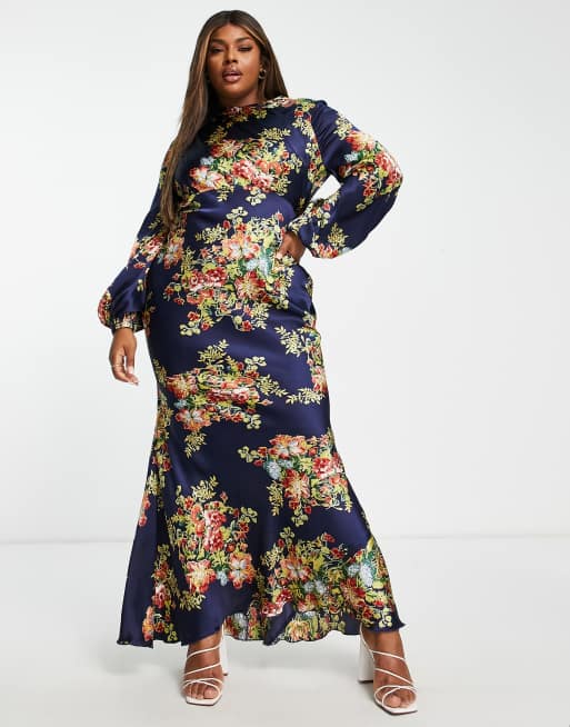 ASOS DESIGN Curve high neck maxi dress with flared cuff in navy floral print, 4 of 4