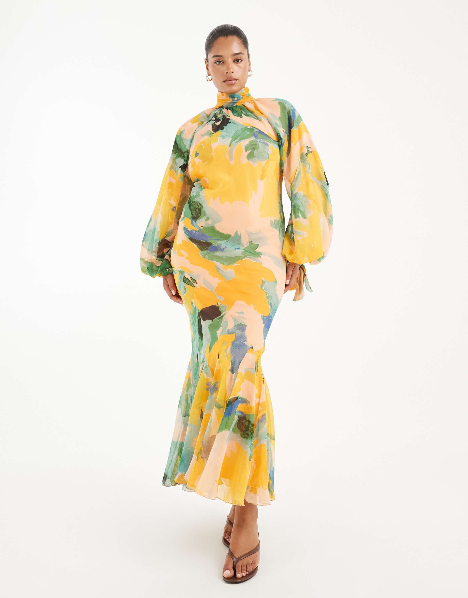 asos design curve high neck maxi dress with godet hem in green floral print