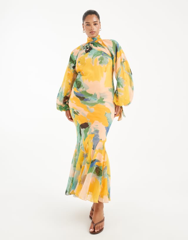 ASOS DESIGN Curve high neck maxi dress with godet hem in green floral print