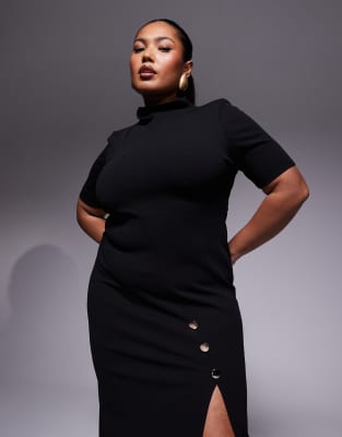Asos Curve Asos Design Curve High Neck Maxi Pencil Dress With Short Sleeves And Large Gold Button Detail Slit In Black