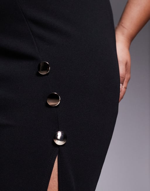 ASOS DESIGN Curve high neck maxi pencil dress with short sleeves and large  gold button detail slit in black | ASOS