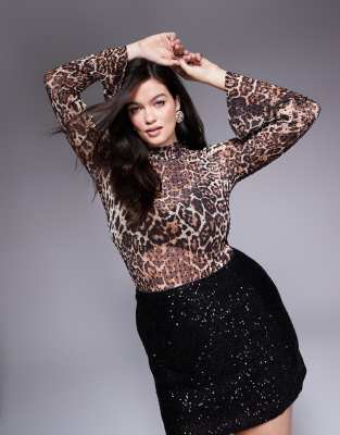 Asos Curve Asos Design Curve High Neck Mesh Bodysuit With Hotfix In Animal Print-multi