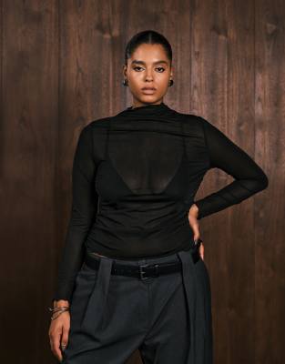 Asos Curve Asos Design Curve High Neck Mesh Semi Sheer Long Sleeve Top In Black