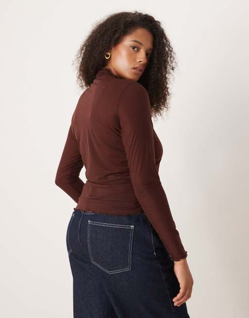 ASOS DESIGN Curve high neck mesh semi sheer long sleeve top in chocolate, 2 of 4