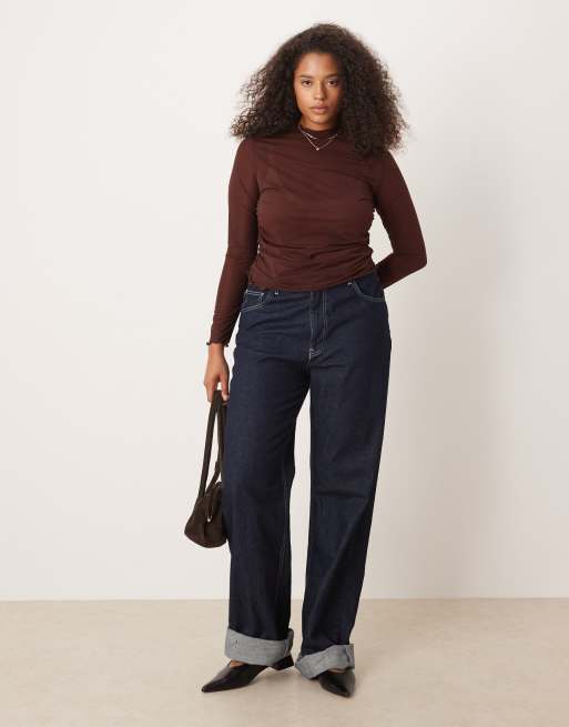 ASOS DESIGN Curve high neck mesh semi sheer long sleeve top in chocolate, 3 of 4