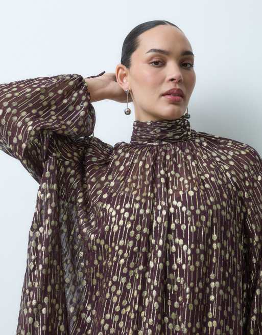 ASOS DESIGN Curve high neck metallic smock mini dress in gold spot, 3 of 5