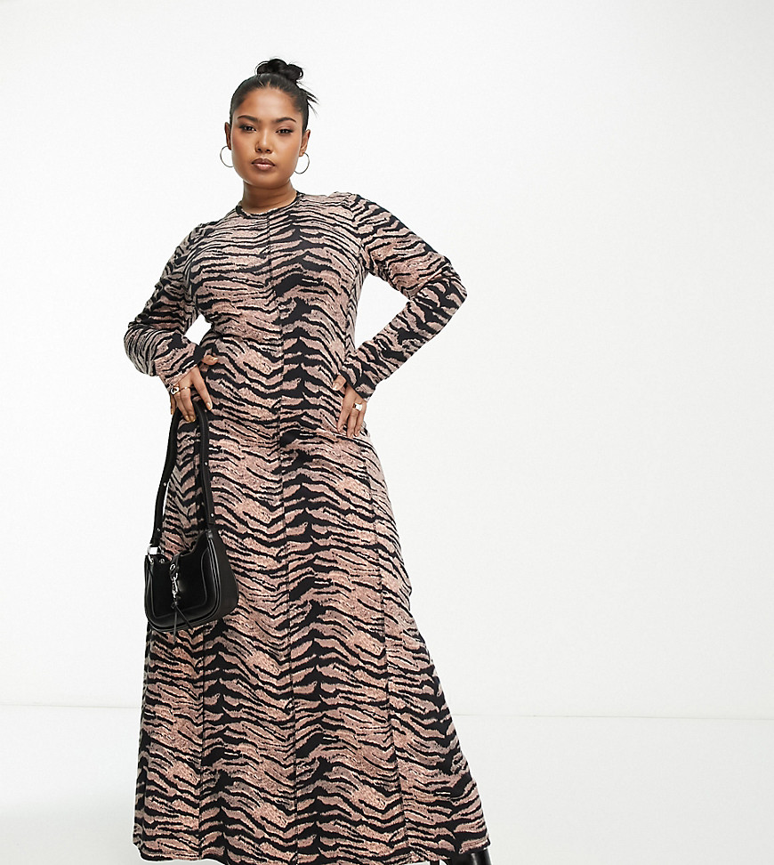 ASOS DESIGN Curve high neck midi dress with contrast stitch detail in animal print-Multi