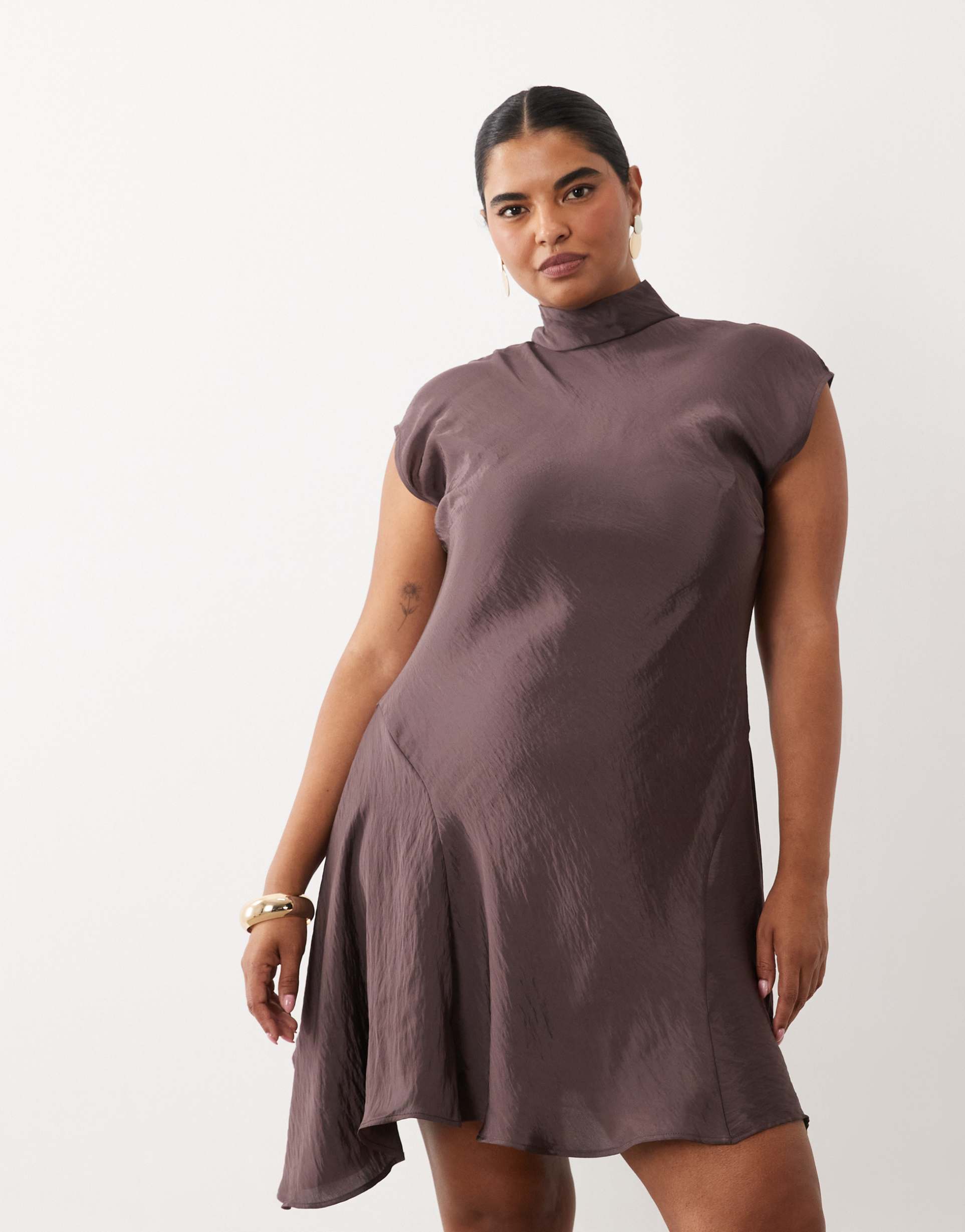 asos design curve high neck mini dress with handkerchief hem in chocolate brown