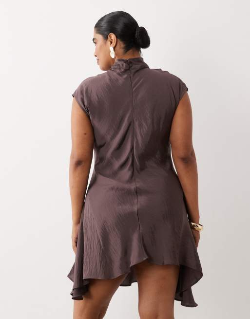 ASOS DESIGN Curve high neck mini dress with hanky hem in chocolate brown, 4 of 4
