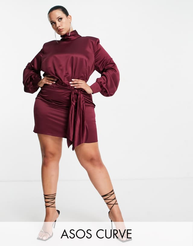 ASOS DESIGN Curve high neck mini dress with sash waist detail in wine