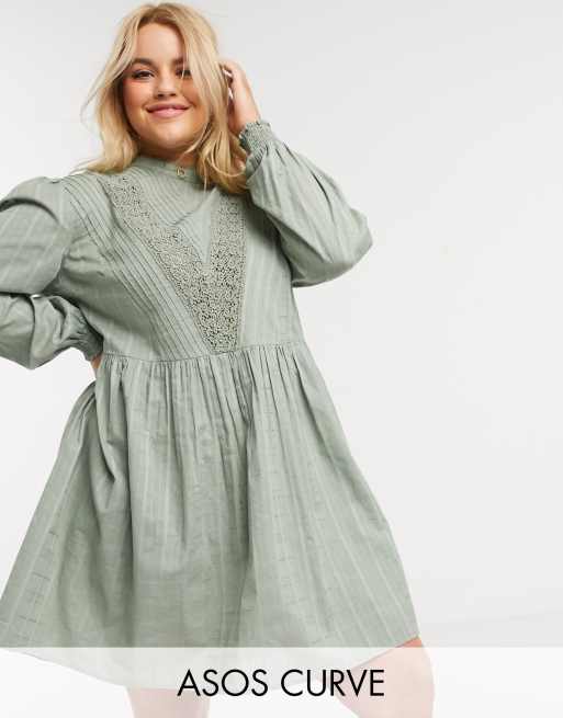 ASOS DESIGN Curve high neck mini smock dress with lace inserts in khaki