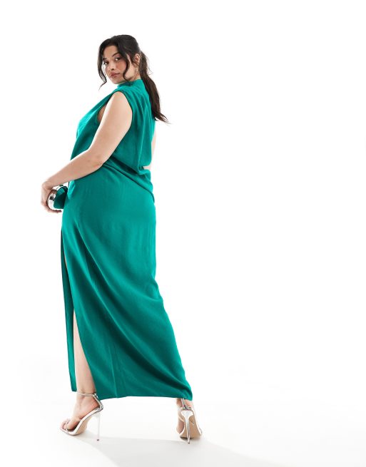 ASOS DESIGN Curve high neck one-shoulder drape maxi dress with thigh slit  in green