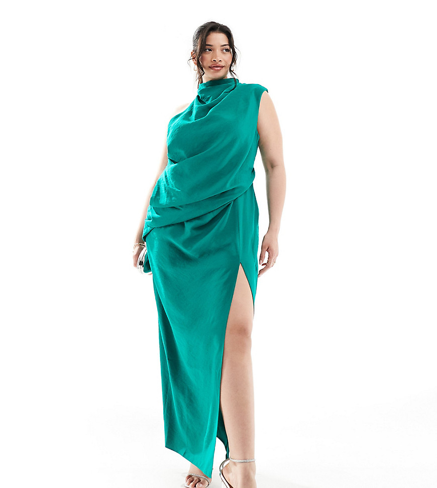 ASOS DESIGN Curve high neck one shoulder drape maxi dress with thigh split in green
