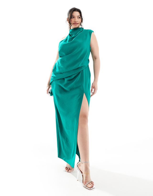 ASOS Curve - ASOS DESIGN Curve high neck one shoulder drape maxi dress with thigh split in green