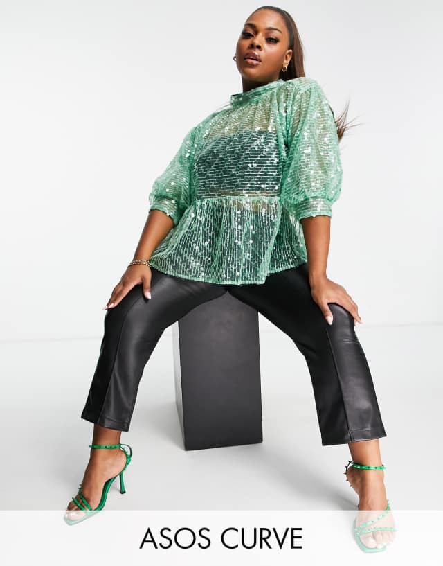 ASOS DESIGN Curve high neck peplum top in green sequin