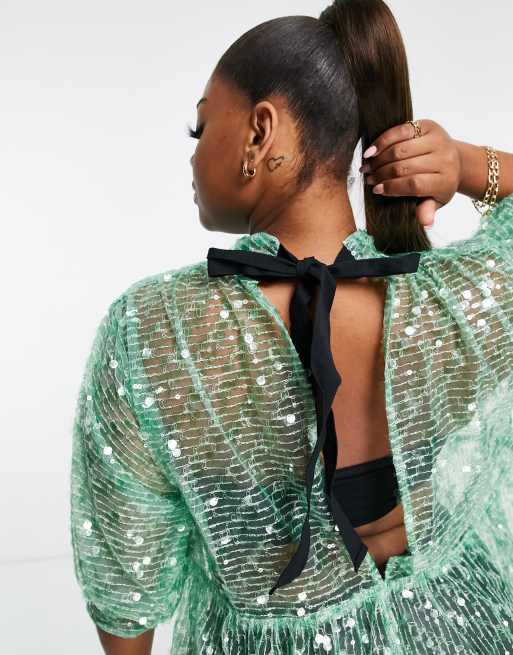 ASOS DESIGN Curve high neck peplum top in green sequin