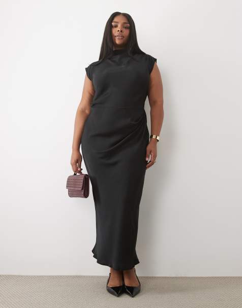 ASOS DESIGN Curve high neck pleated bodice midi dress in black - view 1