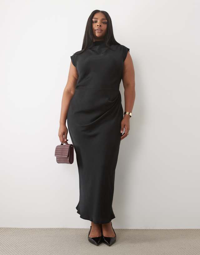 ASOS DESIGN Curve high neck pleated bodice midi dress in black