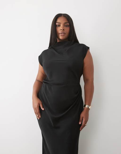 ASOS DESIGN Curve high neck pleated bodice midi dress in black, 2 of 4