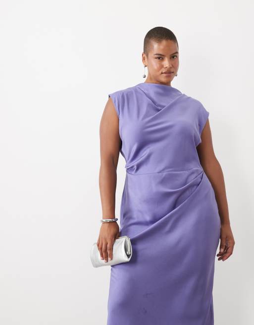 ASOS DESIGN Curve high neck pleated bodice midi dress in blue, 4 of 4
