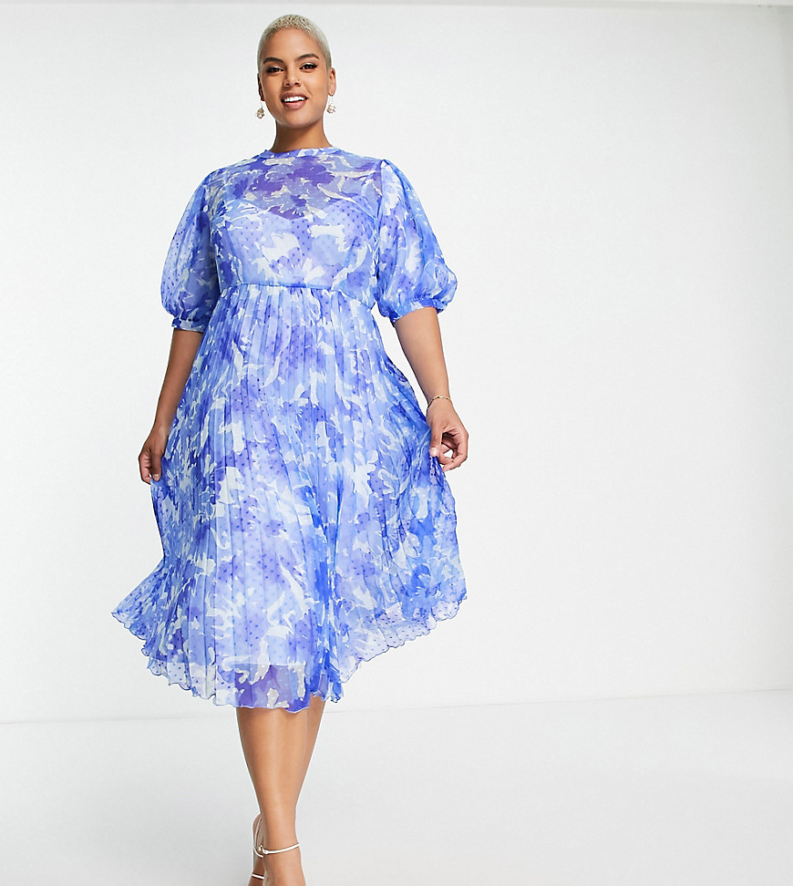 ASOS DESIGN Curve high neck pleated chevron dobby midi dress with puff sleeve in blue floral-Multi