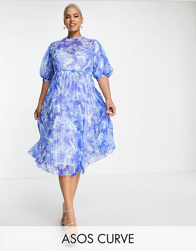 ASOS Curve - ASOS DESIGN Curve high neck pleated chevron dobby midi dress with puff sleeve in blue floral