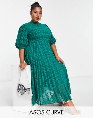 ASOS DESIGN Curve high neck pleated chevron dobby midi dress with puff sleeve in forest green