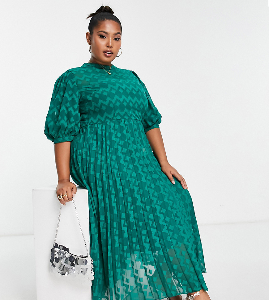 ASOS DESIGN Curve high neck pleated chevron dobby midi dress with puff sleeve in forest green