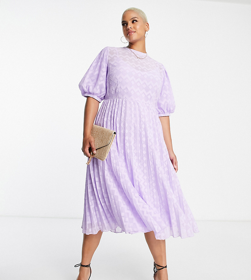 ASOS DESIGN Curve high neck pleated chevron dobby midi dress with puff sleeve in lavender-Purple
