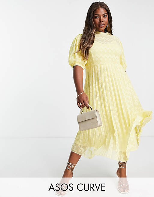 ASOS DESIGN Curve high neck pleated chevron dobby midi dress with puff sleeve in yellow