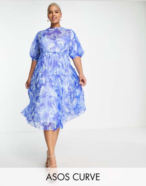 ASOS DESIGN Curve high neck pleated chevron textured midi dress with puff sleeve in blue floral - view 1