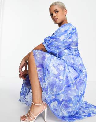 high neck blue floral dress