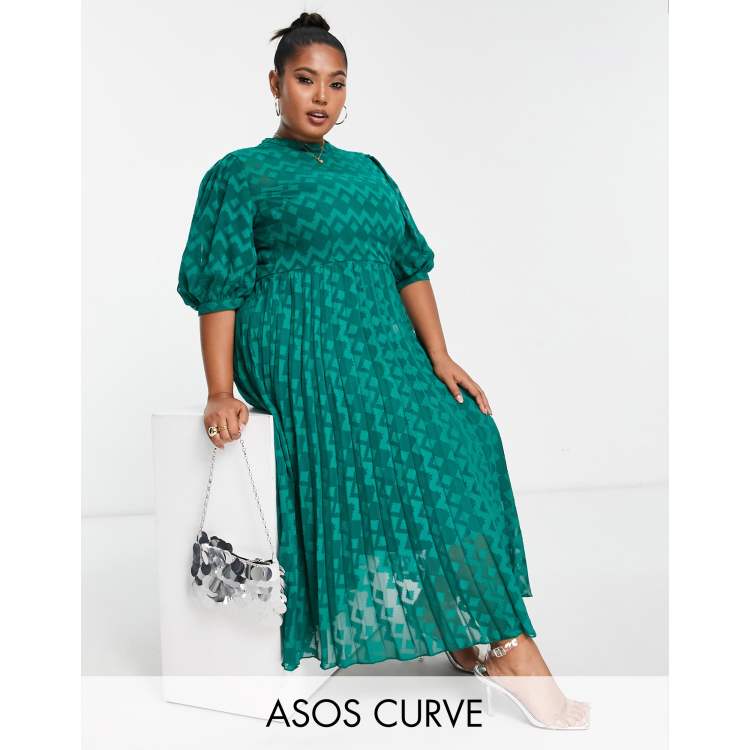 asos green chevron dress Rent ASOS DESIGN High Neck Pleated Chevron Dobby Midi Dress With Puff  Sleeve In Forest Green main image 0