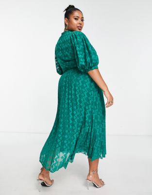 ASOS DESIGN Curve high neck pleated chevron textured midi dress with puff  sleeve in forest green