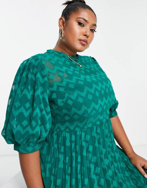 ASOS DESIGN Curve high neck pleated chevron textured midi dress with puff  sleeve in forest green